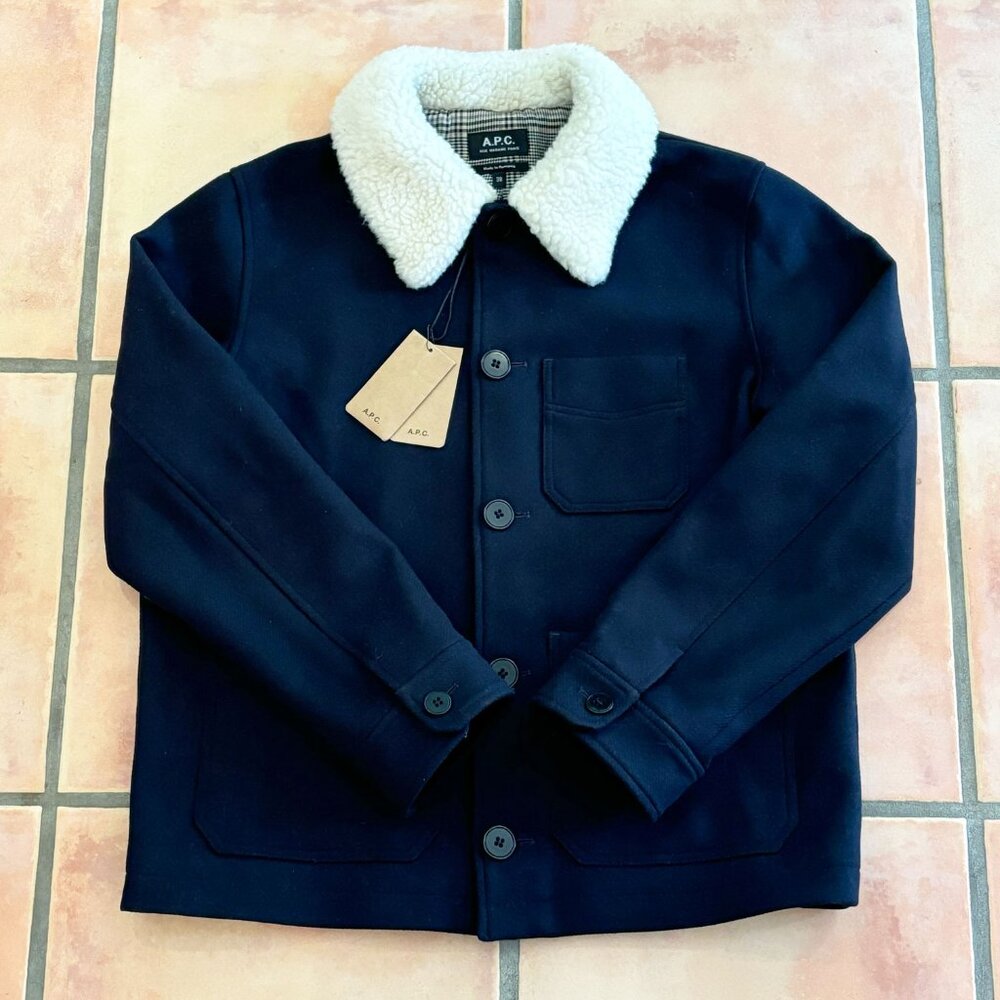 NWT A.P.C. Julia Workwear Jacket Navy 38/M Wool & Cashmere Shearling Collar
